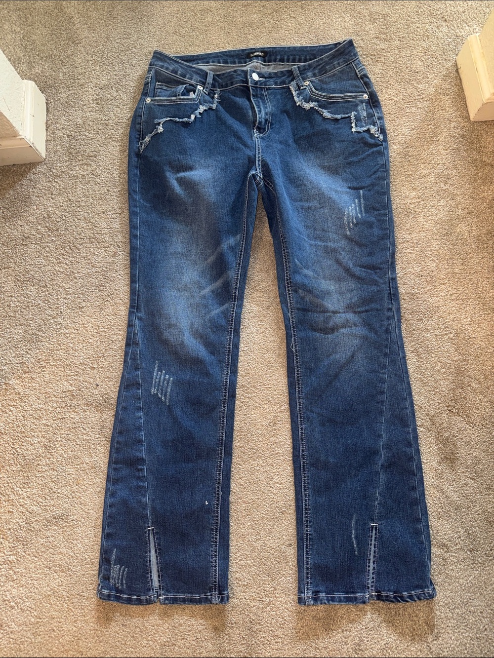 Women's Dark Blue Flare Jeans with Distressed Detail